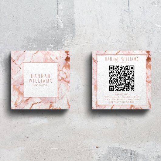 Carte De Visite Carré Marbre Rose Gold Agate QR Code Girly Trendy