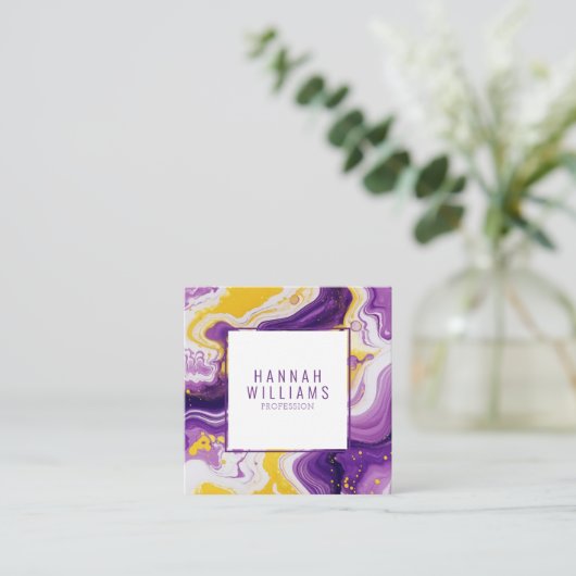 Carte De Visite Carré Marbre violet jaune Agate QR Code Carré liquide (Debout devant)