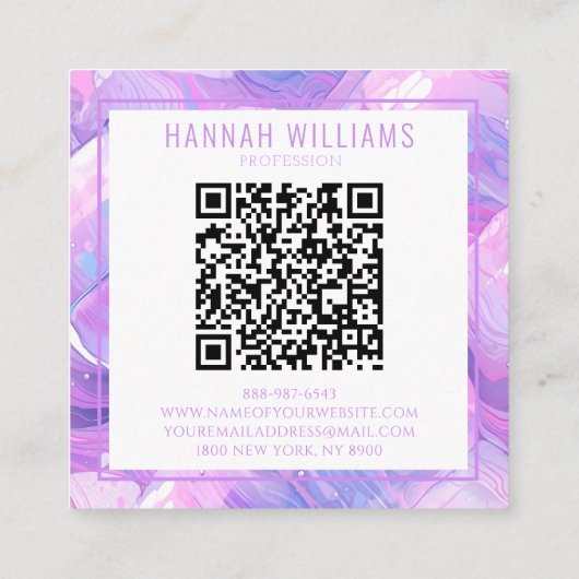 Carte De Visite Carré Marbre violet rose Agate QR Code Girly tendance (Dos)