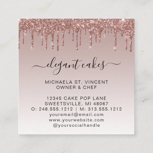 Carte De Visite Carré Mariage Parties scintillant de gâteau Rose Gold B (Dos)
