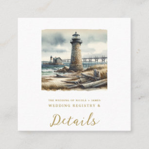Carte De Visite Carré Mariage rustique sur la plage côtière avec phare
