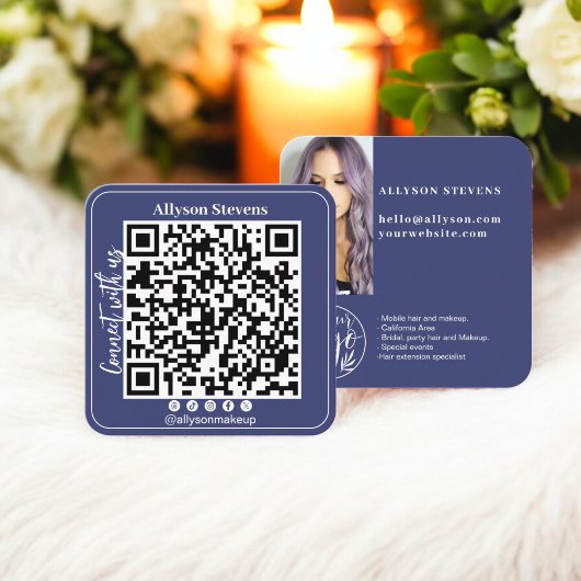 Carte De Visite Carré Marine bleu Social Media QR Code Photo Logo