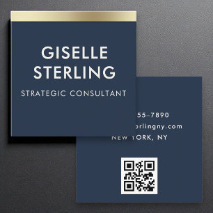 Carte De Visite Carré Marine Blue Gold Luxury QR Code minima Typographie