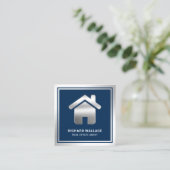 Carte De Visite Carré Marine Blue Silver Foil Home Logo Agent immobilier (Debout devant)