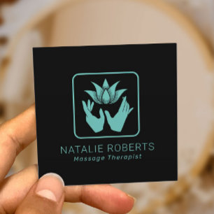 Carte De Visite Carré Massage Thérapie Guérison Turquoise Mains et Fleur