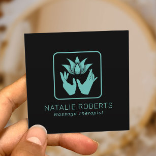 Carte De Visite Carré Massage Thérapie Guérison Turquoise Mains et Fleur