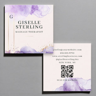 Carte De Visite Carré Massothérapeute Purple Aquarelle Code QR