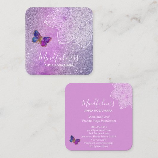 Carte De Visite Carré *~* Médaille Reiki Mandala Yoga Papillon (Devant / Derrière)