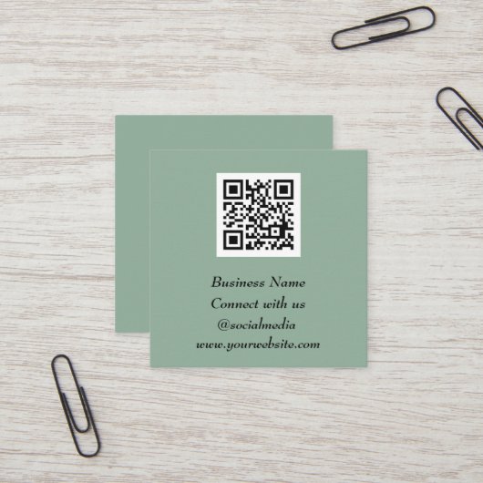 Carte De Visite Carré Médias sociaux QR Code scanner Sage vert (Devant/Arrière en situation)