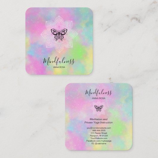 Carte De Visite Carré *~* Méditation Mandala Mindfult Yoga Papillon (Devant / Derrière)