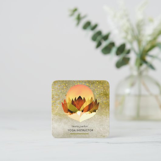 Carte De Visite Carré Méditation Yoga Green Lime Lotus Flower Massage (Debout devant)