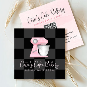 Carte De Visite Carré Mélangeur de boulangerie rose blush Code QR damier