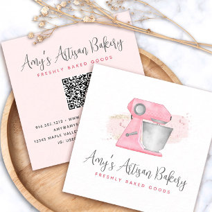 Carte De Visite Carré Mélangeur de pâtisserie Rose Pâle Code QR Pâtissie