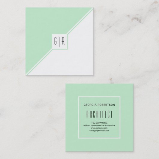 Carte De Visite Carré Menthe verte, triangles blancs et monogramme moder (Devant / Derrière)