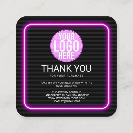 Carte De Visite Carré Merci client Retro Neon Purple Signal lumineux (Dos)