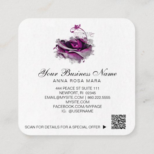 Carte De Visite Carré *~* Merlot Burgundy Logo QR Rose Floral Sq (Dos)