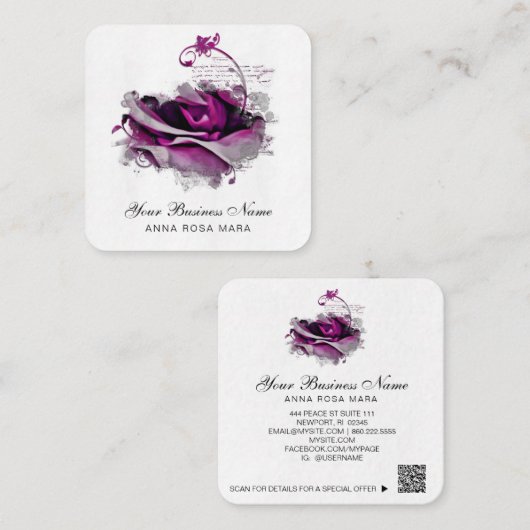 Carte De Visite Carré *~* Merlot Burgundy Logo QR Rose Floral Sq (Devant / Derrière)