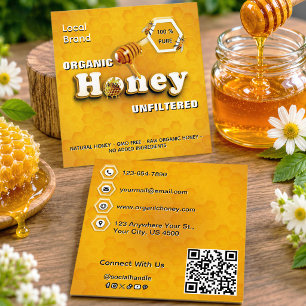 Carte De Visite Carré Miel Cru Biologique Marque Locale Code QR Jaune Mi