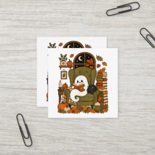 Carte De Visite Carré Mignon fantôme lisant un livre Chat noir Automne C
