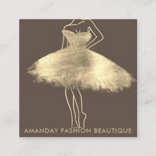 Carte De Visite Carré Mode Robe Dorée Logo QR Styliste Boutique