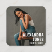 Carte De Visite Carré Modèle de la styist cheveux noir Qr Code médias so (Devant)