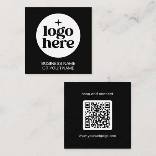 Carte De Visite Carré Modern Black Minimal QR Code Logo (Devant / Derrière)