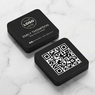 Carte De Visite Carré Modern Black Minimalist QR Code Social Media
