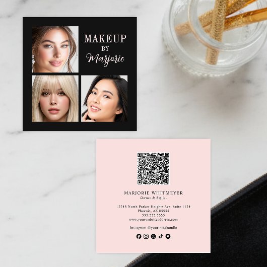 Carte De Visite Carré Modern Blush Pink Black Script 3 Photo Makeup