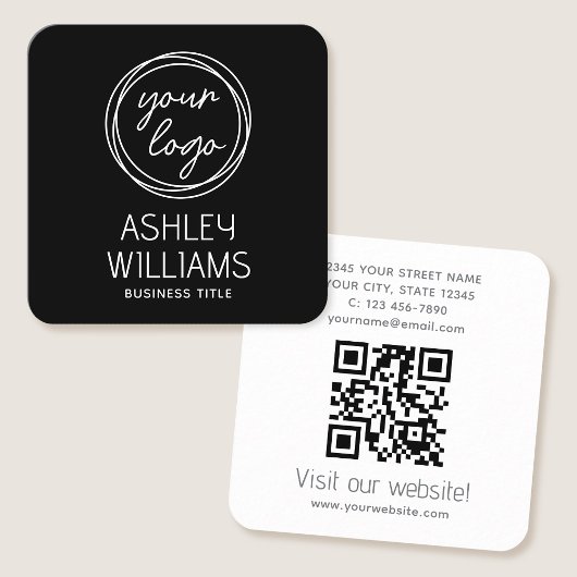 Carte De Visite Carré Modern Custom Company Logo QR Code Elegant Black