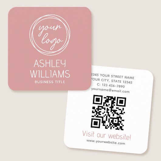 Carte De Visite Carré Modern Custom Company Logo QR Code Elegant Pink