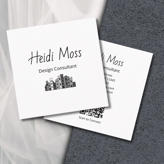 Carte De Visite Carré Modern Design Consultant QR code Black White