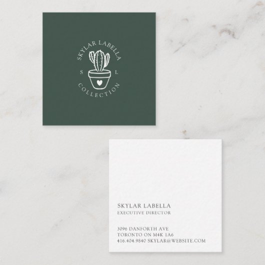 Carte De Visite Carré Modern Love Cactus Plante Line-Art Logo & Monogram (Devant / Derrière)