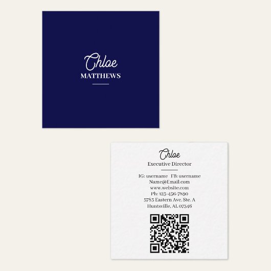 Carte De Visite Carré Modern Navy Blue Business Card with QR Code