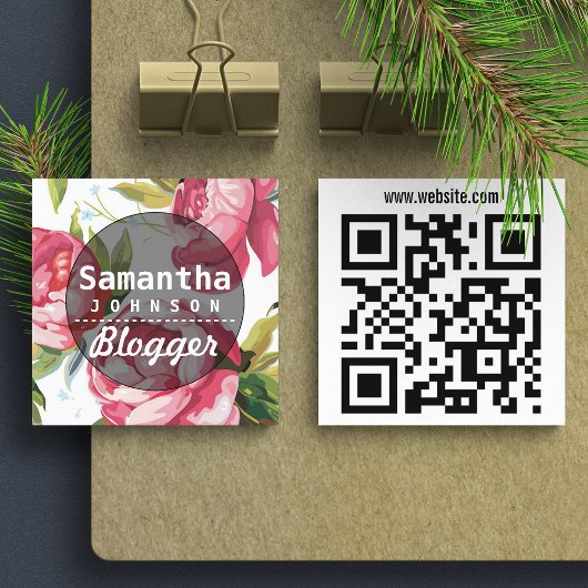 Carte De Visite Carré Modern rose Floral Blogger QR Code