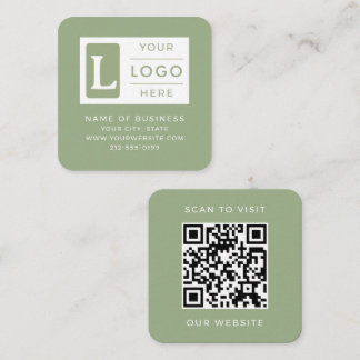 Carte De Visite Carré Modern Sage Green QR Code Minimalist Custom Logo