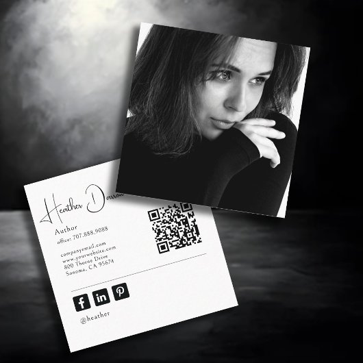 Carte De Visite Carré Modern Script Photo QR Code Author Writer