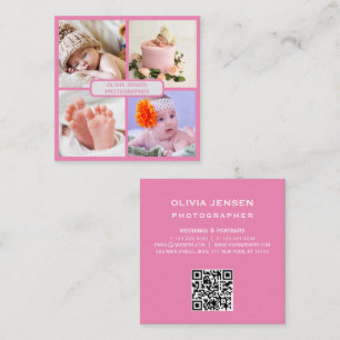Carte De Visite Carré Modern Simple Photographie Nouveau-né rose code qr