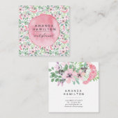Carte De Visite Carré Moderne Aquarelle fleurs roses verdure feuillage (Devant / Derrière)
