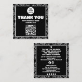Carte De Visite Carré Moderne Black Blanc Floral QR code Commandez merci (Devant / Derrière)