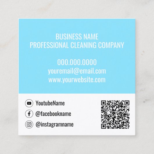 Carte De Visite Carré Moderne Bleu Lumière Avec Qr Code Cleaning Company (Dos)