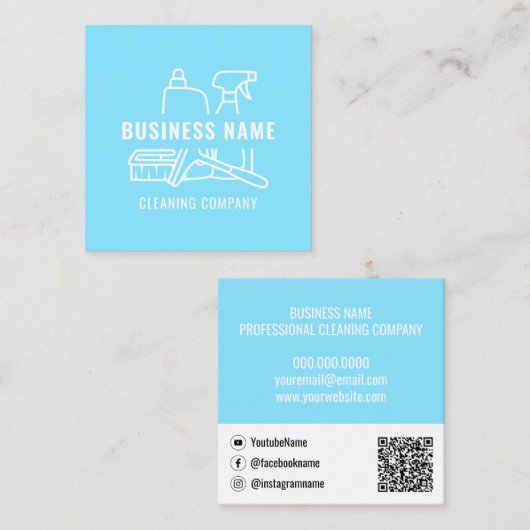 Carte De Visite Carré Moderne Bleu Lumière Avec Qr Code Cleaning Company (Devant / Derrière)