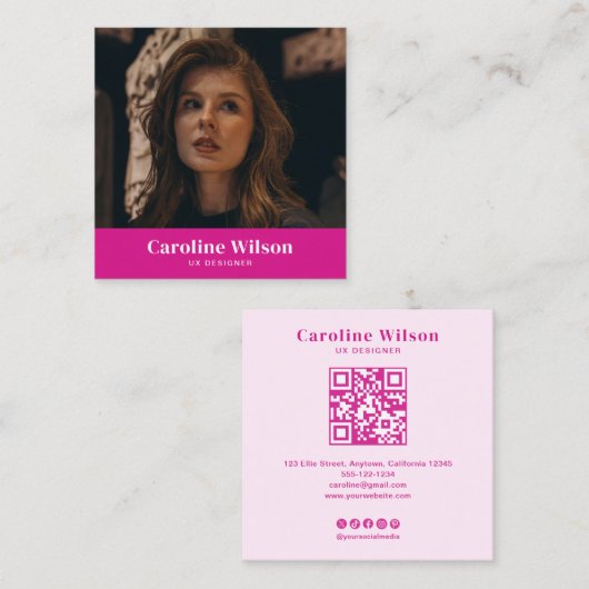 Carte De Visite Carré Moderne Chic rose chaud QR Code Photo Girl (Devant / Derrière)