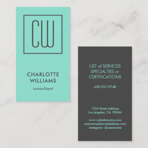Carte De Visite Carré moderne chic Turquoise Monogramme élégant
