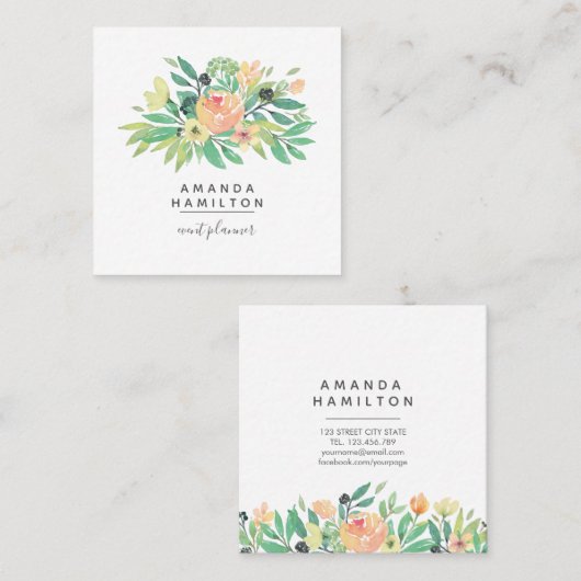 Carte De Visite Carré Moderne Classy Aquarelle rose orangé feuille (Devant / Derrière)