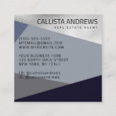 Carte De Visite Carré Moderne Elégant Argent Dusty Marine Bleu Géométriq (Dos)