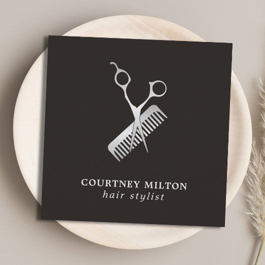 Carte De Visite Carré Moderne Elegant Faux foncé peigne ciseau argent