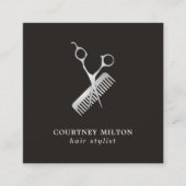 Carte De Visite Carré Moderne Elegant Faux foncé peigne ciseau argent (Devant)