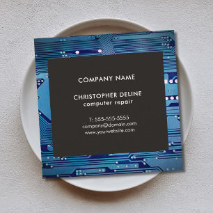 Carte De Visite Carré Moderne Elegant Grey Blue Circuit Réparation d'ord