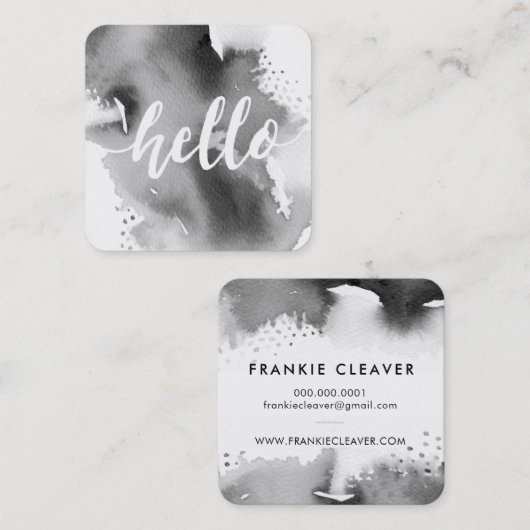 Carte De Visite Carré MODERNE HELLO SCRIPT arty aquarelle grise (Devant / Derrière)