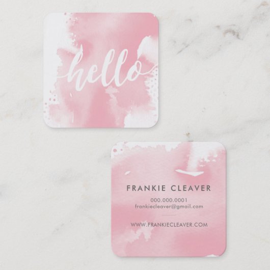 Carte De Visite Carré MODERNE HELLO SCRIPT arty aquarelle rose pâle (Devant / Derrière)